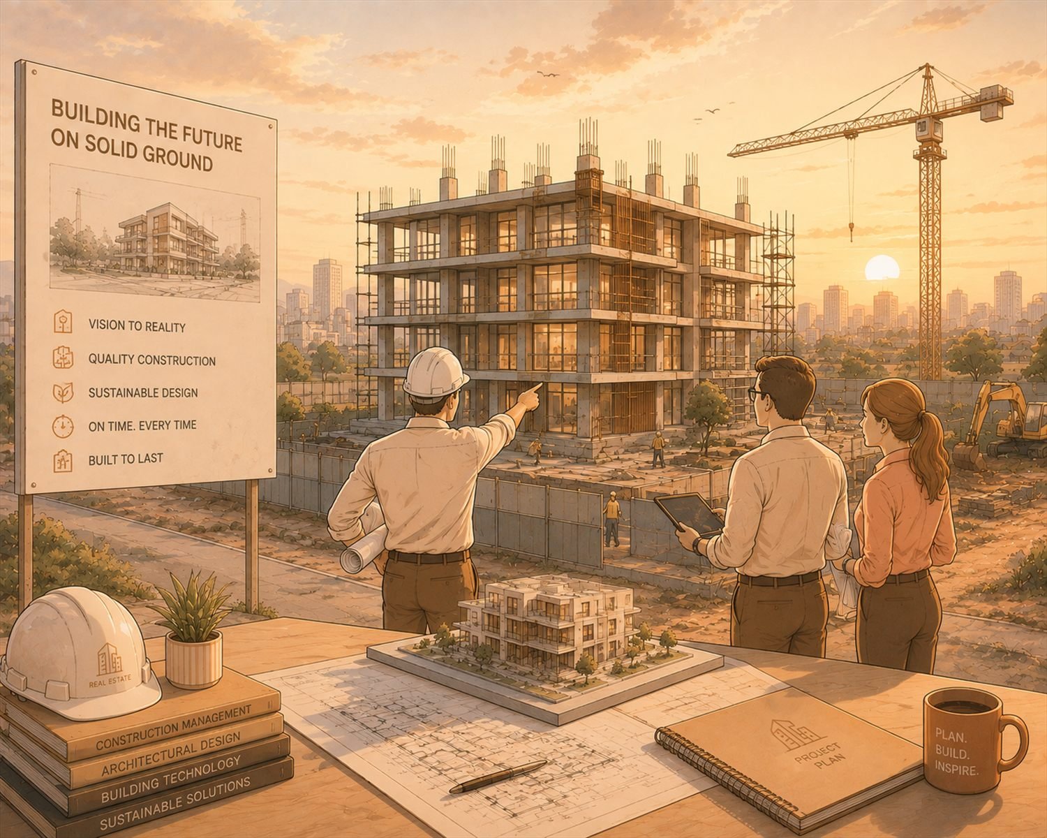 Site engineers overseeing a reinforced concrete frame rising against the skyline