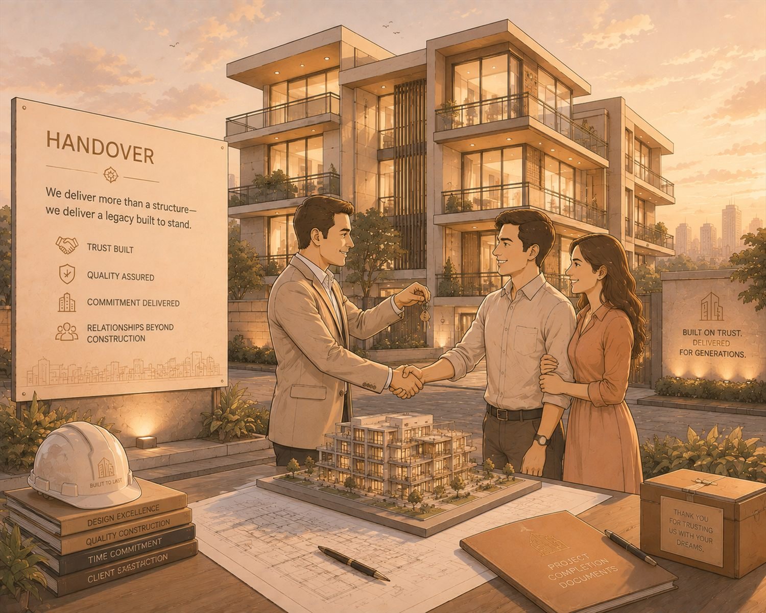 Keys handed to a family in front of their completed residence at dusk