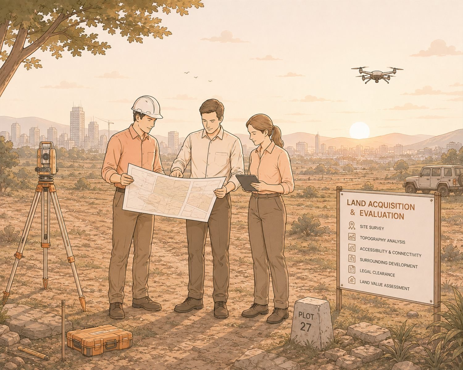 Surveyors reading topography and legal clearance on an open plot at sunrise